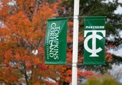 快播视频 Cortland Community College flags in front of fall tree